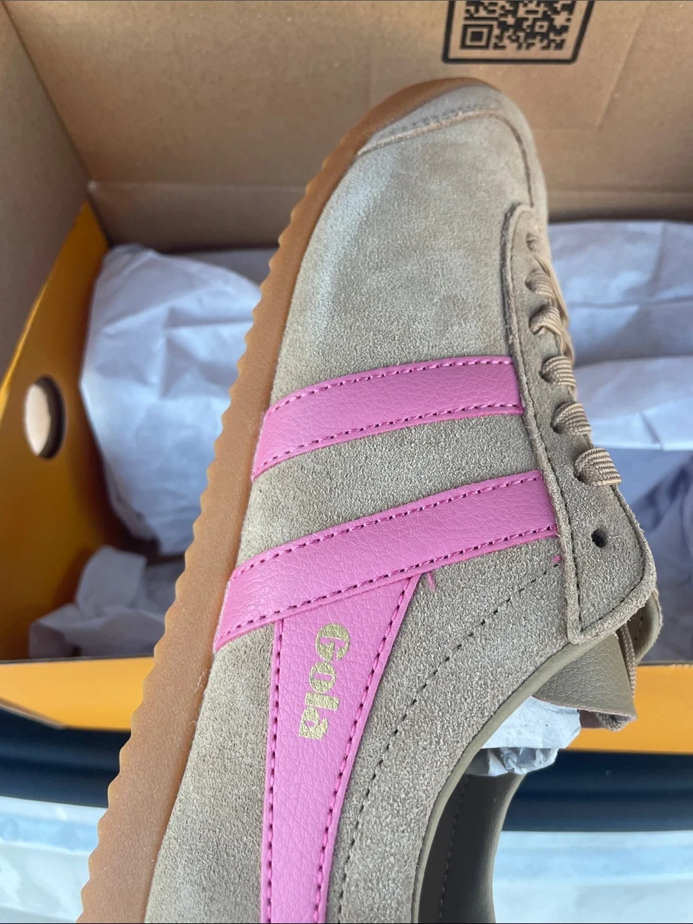 Gola Women's Bullet Pure Suede Sneaker in Tan with Pink Stripes